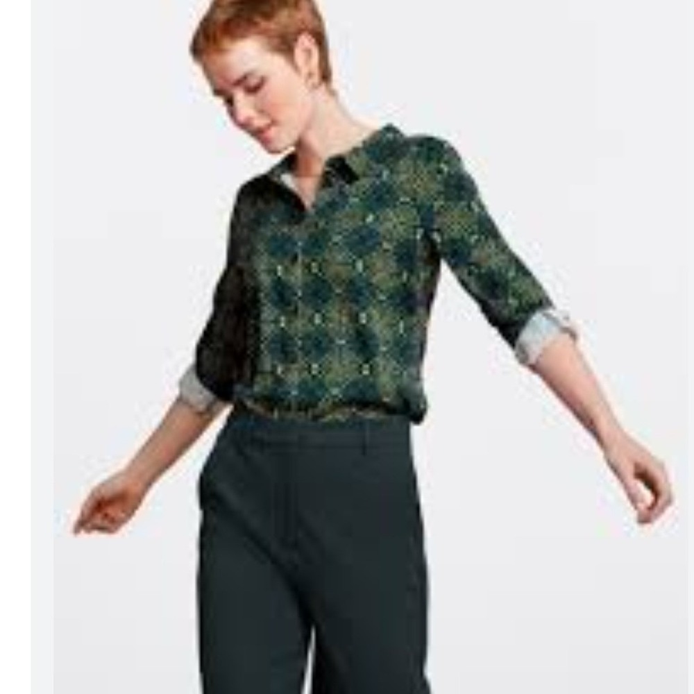 King Louie Green Geometric‎ Optical Print Ecovero Viscose Blouse Size 40 Womens - Picture 2 of 8
